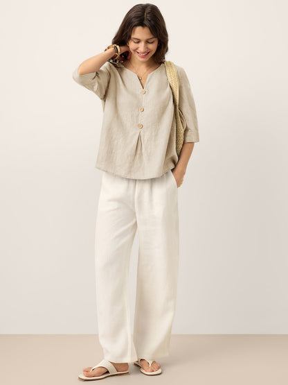 100% Linen Split Neck Inverted Pleat Top TABITHA by LINTICO