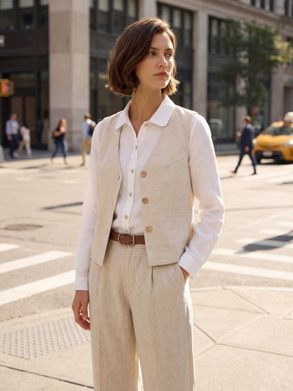 100% Linen V-Neck Buttoned Closure Vest DELIA by LINTICO