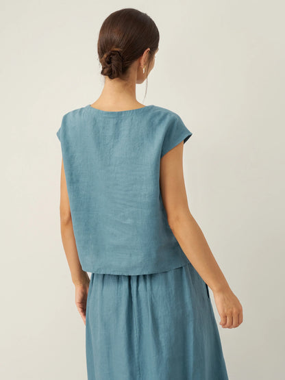 100% Linen V-Neck Cap Sleeve Crop Top FRESSA by LINTICO