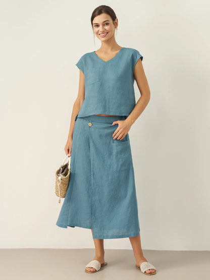 100% Linen V-Neck Cap Sleeve Crop Top FRESSA by LINTICO