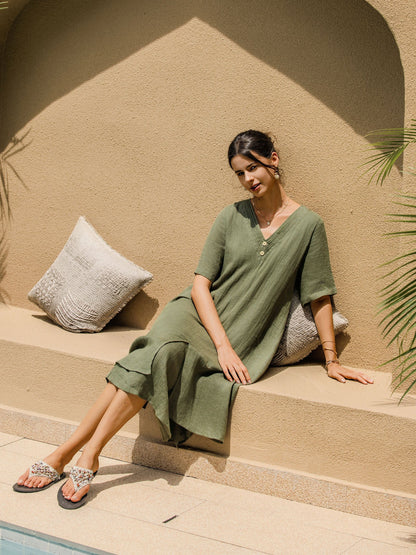 100% Linen V-Neck Double-Layer Midi Dress JAYDA by LINTICO