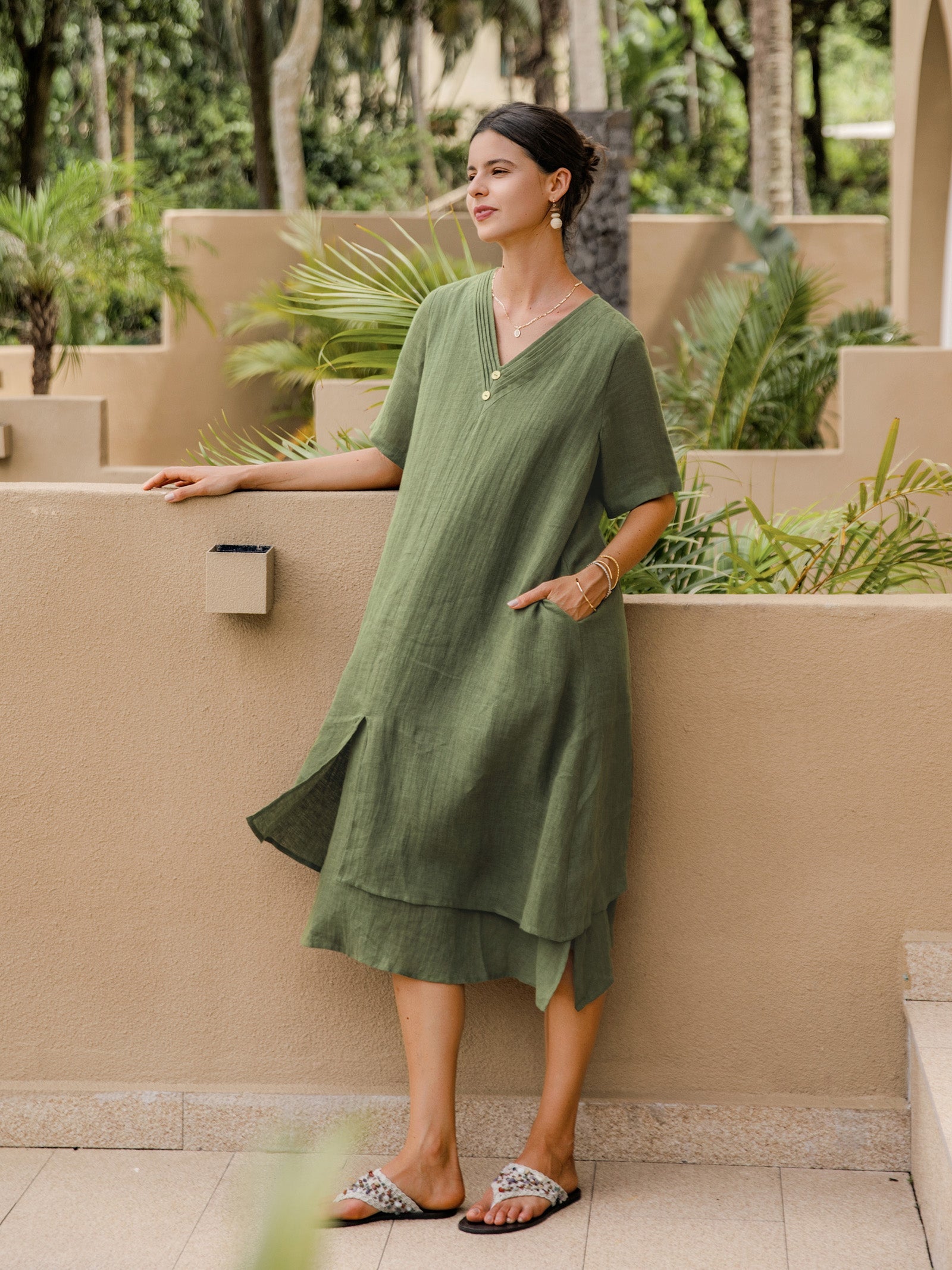 100% Linen V-Neck Double-Layer Midi Dress JAYDA by LINTICO