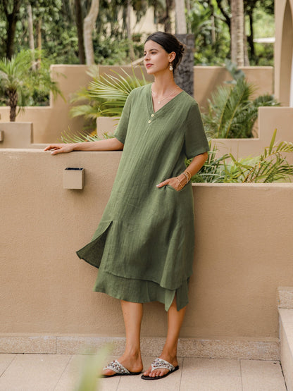 100% Linen V-Neck Double-Layer Midi Dress JAYDA by LINTICO
