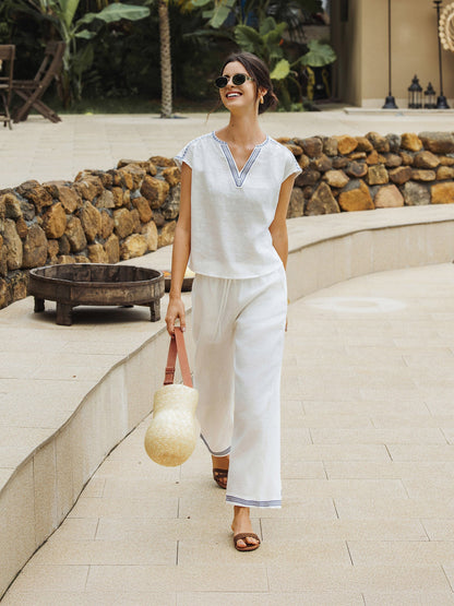 100% Linen Embroidered Elastic Waist Pants FENE by LINTICO