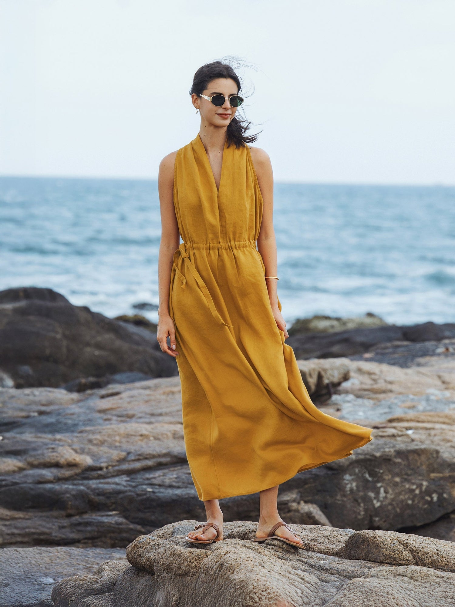 100% Linen V-Neck Halter Maxi Dress BETH by LINTICO