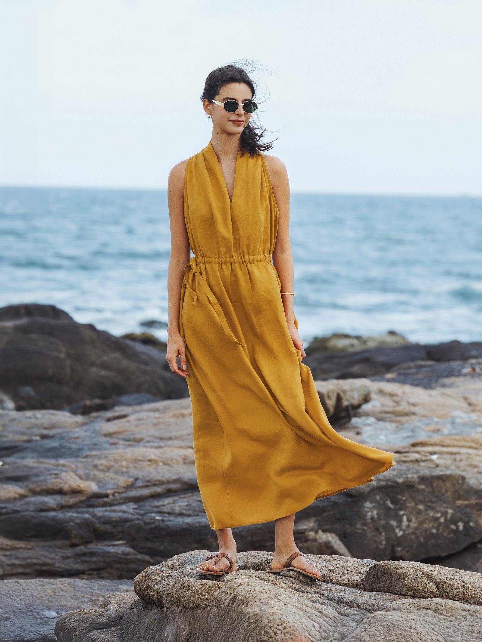 100% Linen V-Neck Halter Maxi Dress BETH by LINTICO