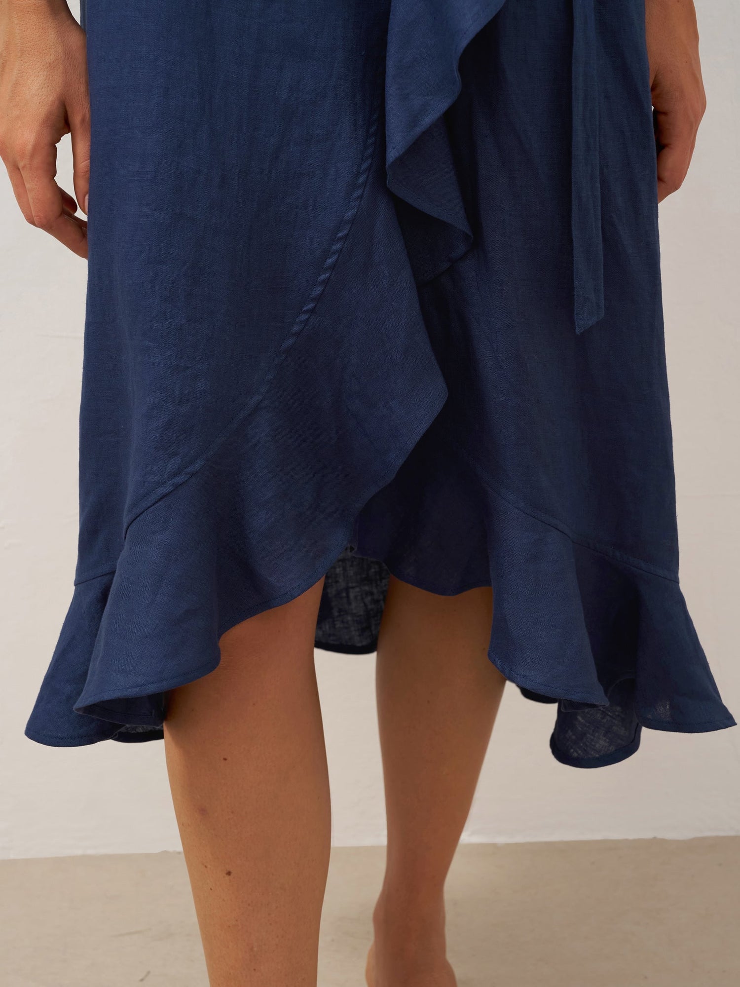 100% Linen V-Neck One-Piece Ruffle Hem Midi Dress MAYA by LINTICO