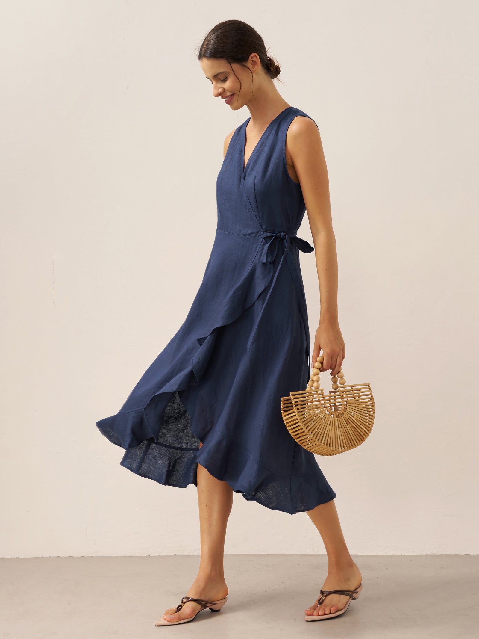 100% Linen V-Neck One-Piece Ruffle Hem Midi Dress MAYA by LINTICO