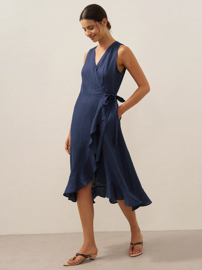 100% Linen V-Neck One-Piece Ruffle Hem Midi Dress MAYA by LINTICO