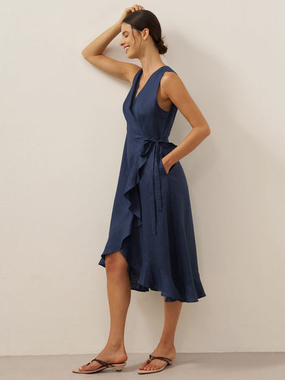 100% Linen V-Neck One-Piece Ruffle Hem Midi Dress MAYA by LINTICO