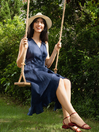 100% Linen V-Neck One-Piece Ruffle Hem Midi Dress MAYA by LINTICO