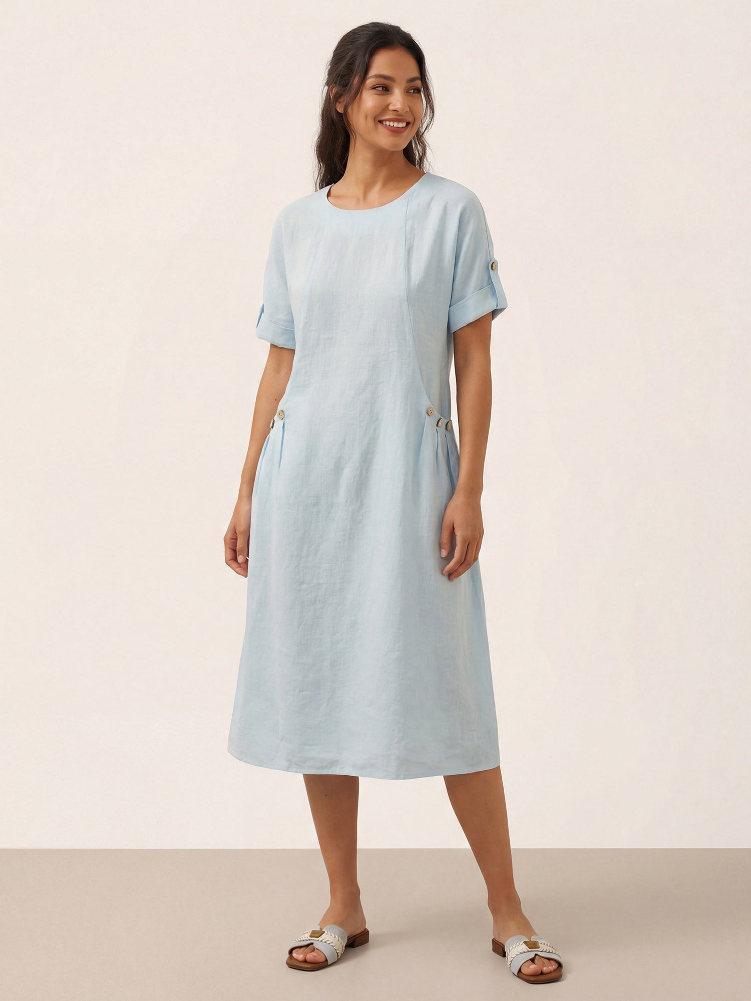 100% Linen Vintage A-Line Button Detail Maxi Dress AMIN by LINTICO
