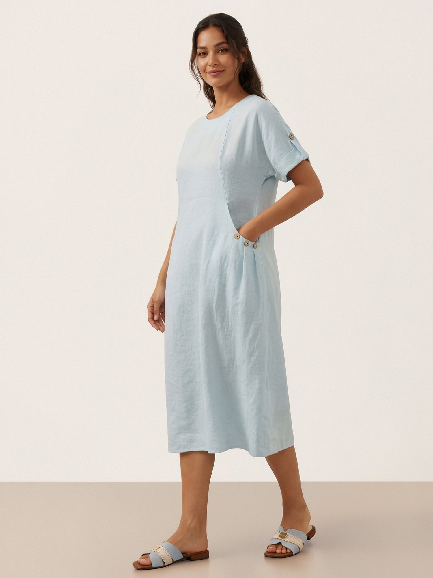 100% Linen Vintage A-Line Button Detail Maxi Dress AMIN by LINTICO