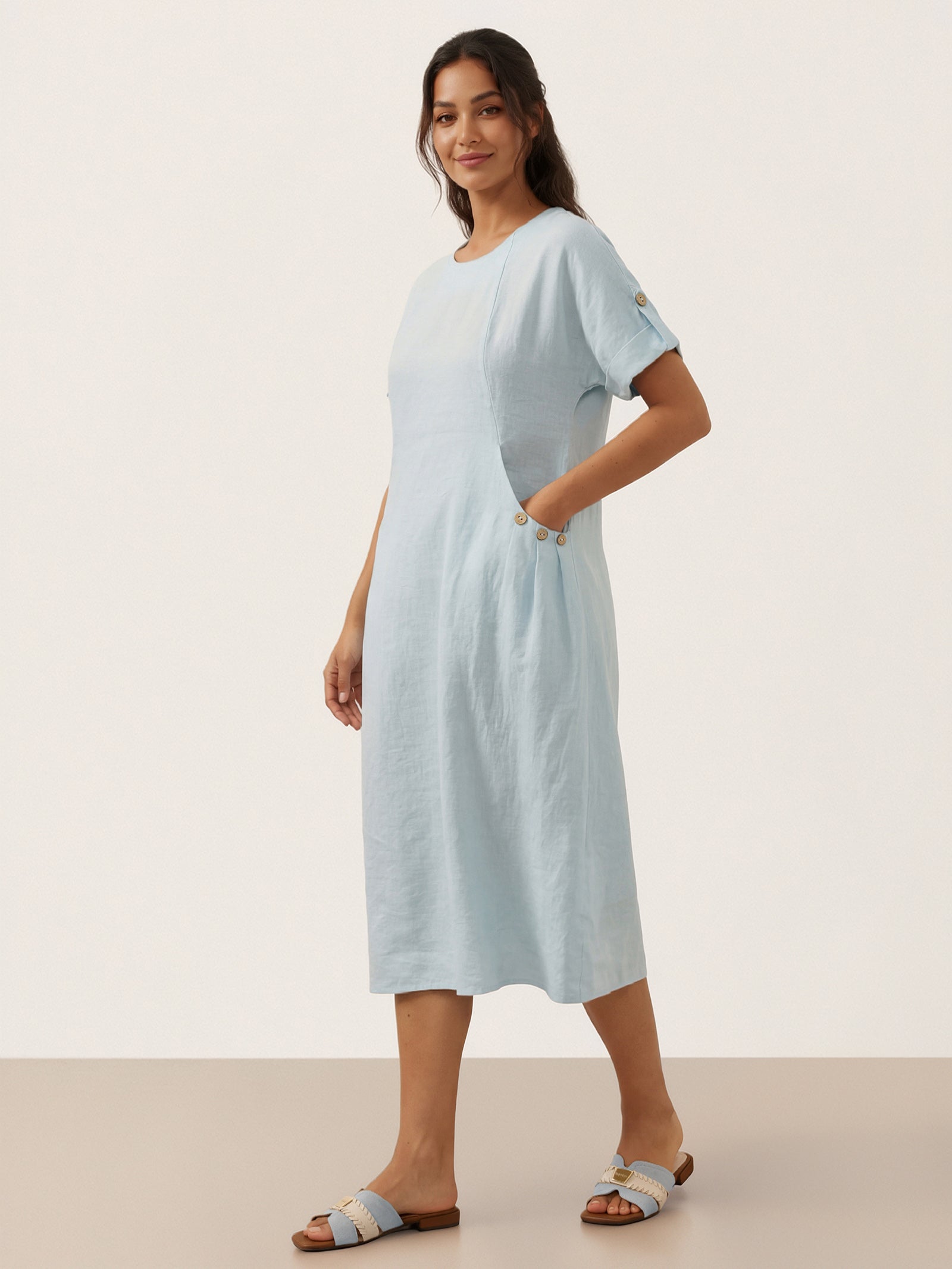 100% Linen Vintage A-Line Button Detail Maxi Dress AMIN by LINTICO