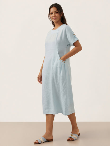 100% Linen Vintage A-Line Button Detail Maxi Dress AMIN by LINTICO