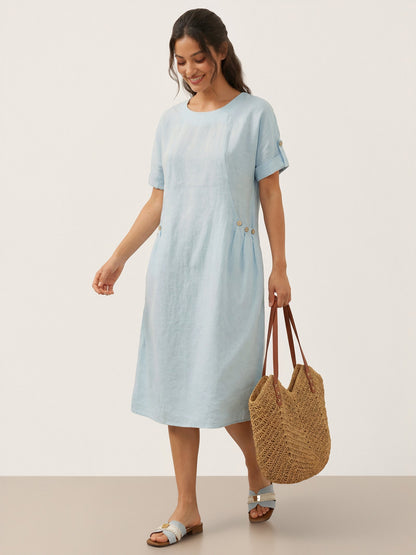 100% Linen Vintage A-Line Button Detail Maxi Dress AMIN by LINTICO