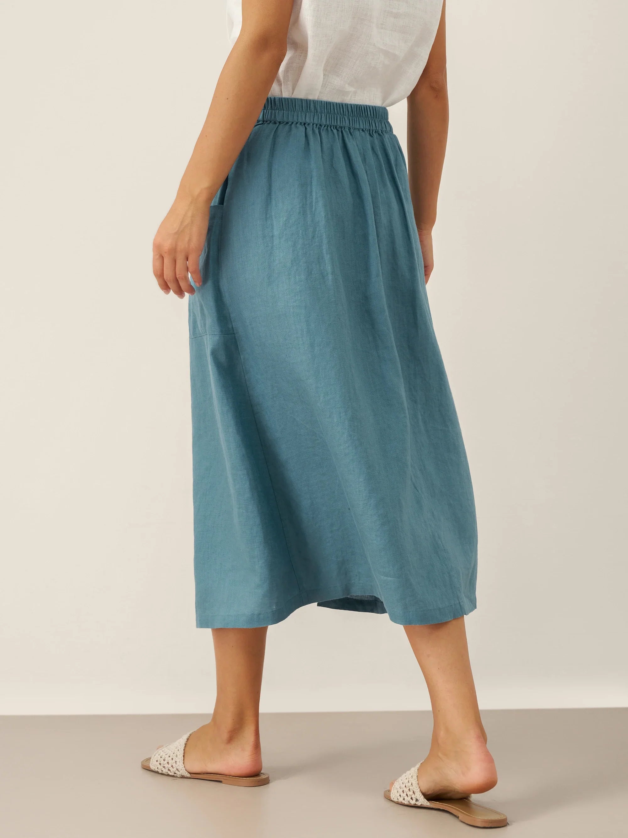 100% Linen Elastic Waist Angled Wrap Skirt FRESSA 