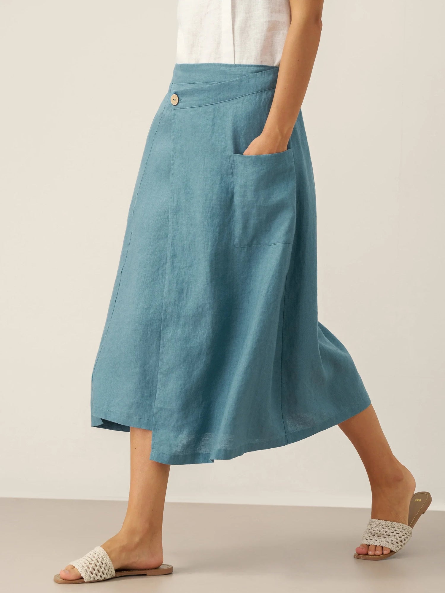 100% Linen Elastic Waist Angled Wrap Skirt FRESSA 