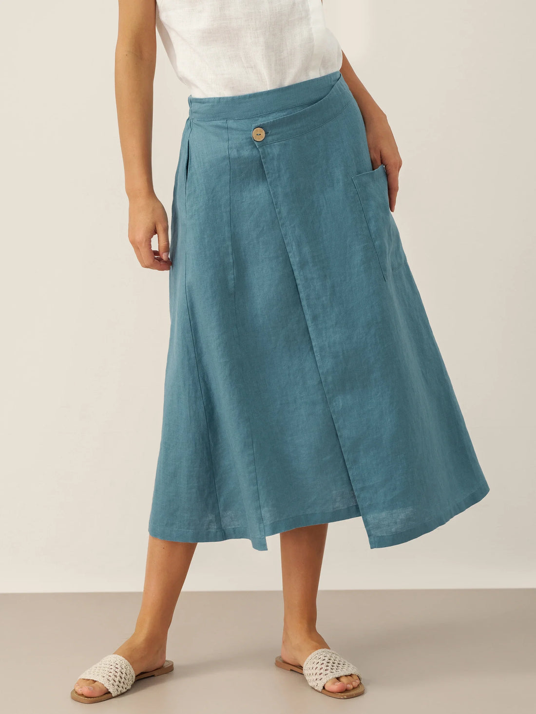 100% Linen Elastic Waist Angled Wrap Skirt FRESSA by LINTICO
