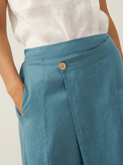 100% Linen Elastic Waist Angled Wrap Skirt FRESSA 