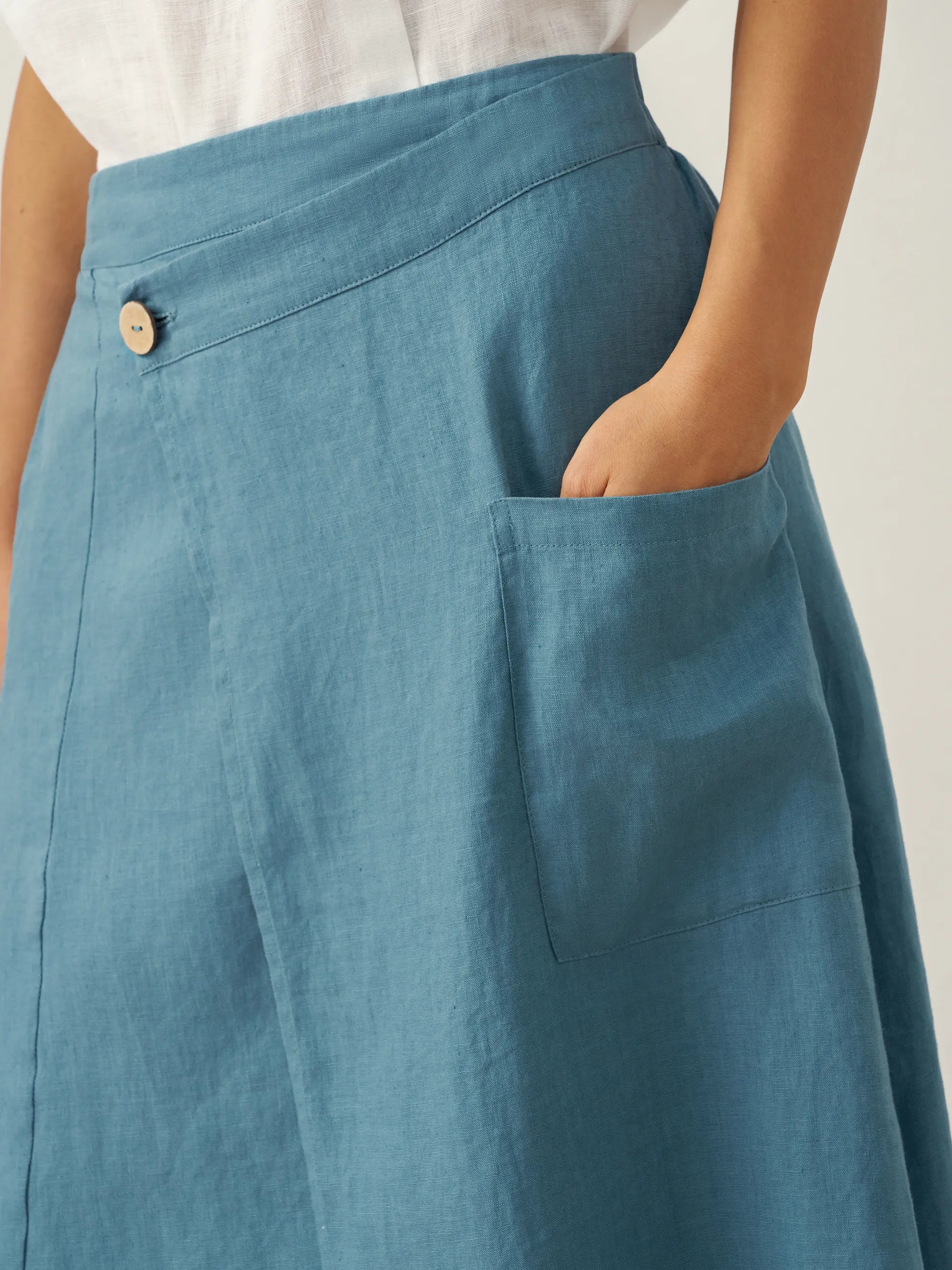 100% Linen Elastic Waist Angled Wrap Skirt FRESSA 