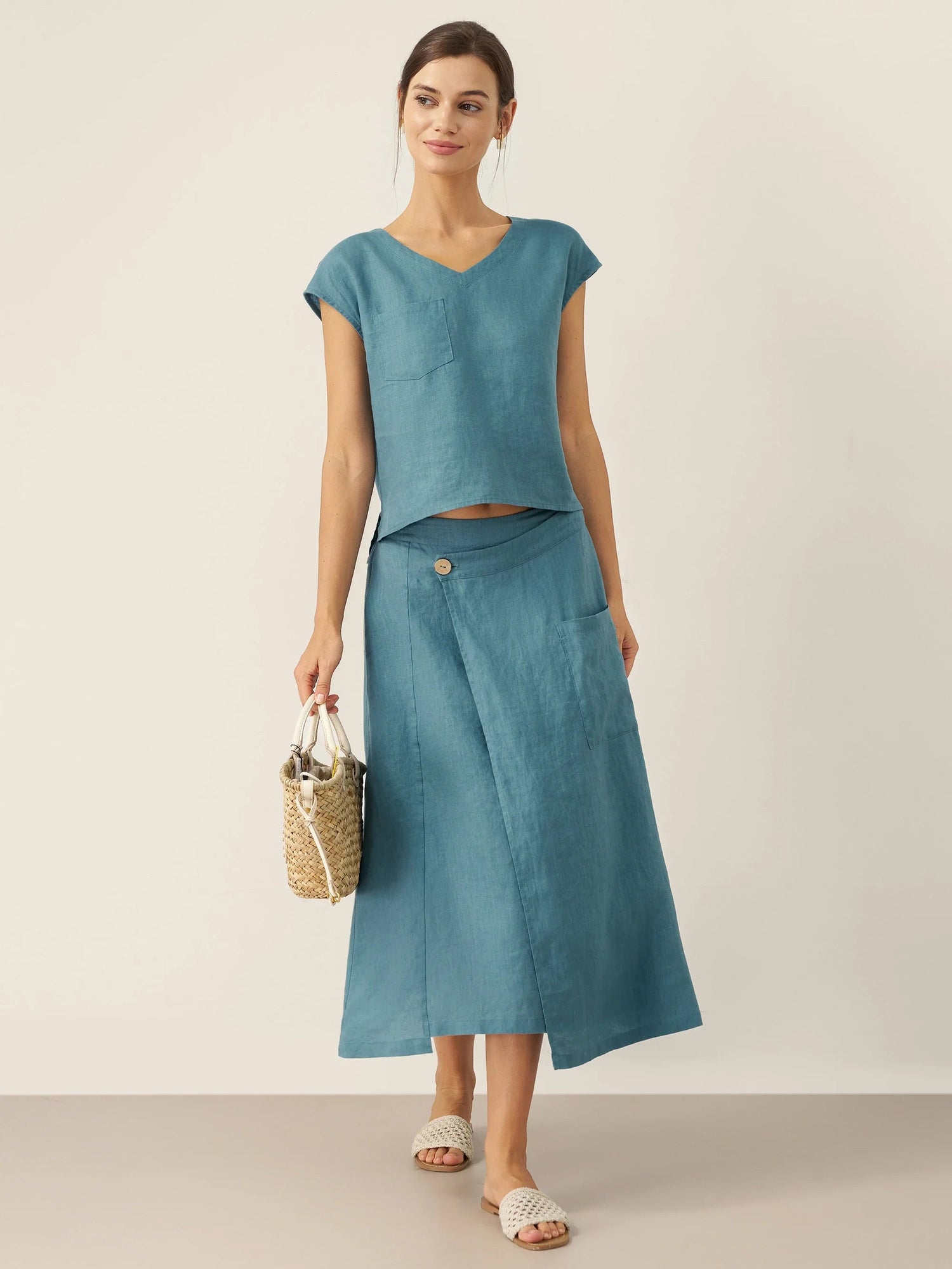 100% Linen Elastic Waist Angled Wrap Skirt FRESSA 