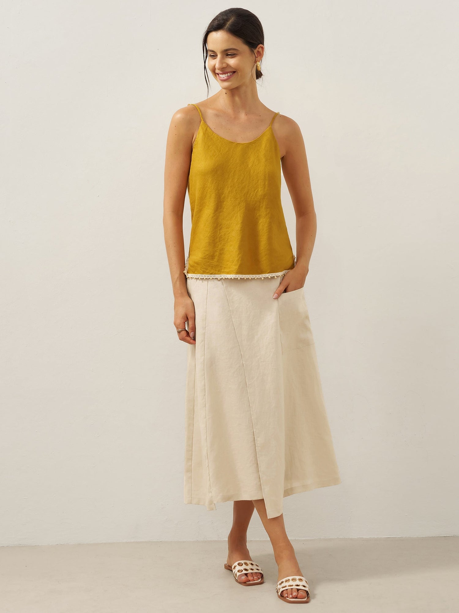 100% Linen Elastic Waist Angled Wrap Skirt FRESSA by LINTICO