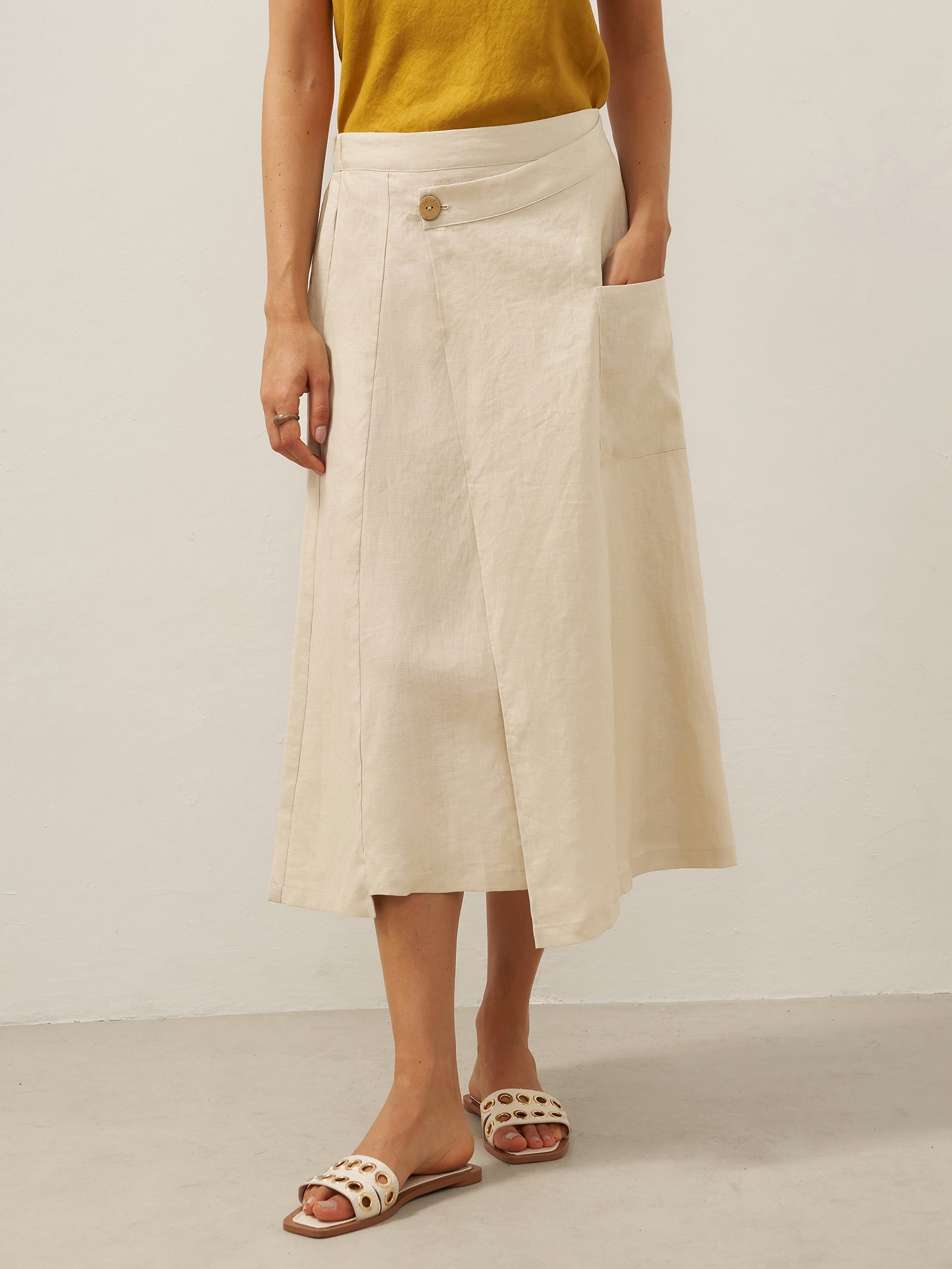 100% Linen Elastic Waist Angled Wrap Skirt FRESSA 