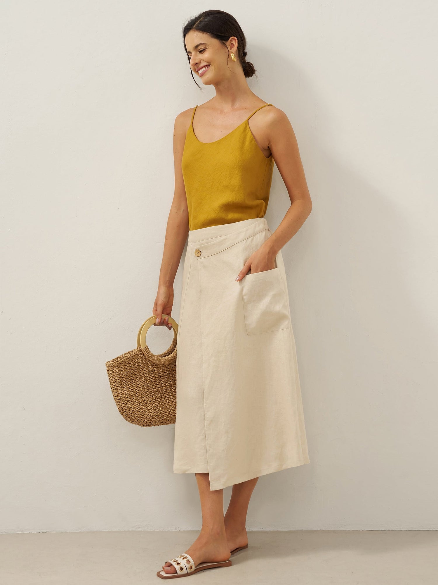 100% Linen Elastic Waist Angled Wrap Skirt FRESSA 