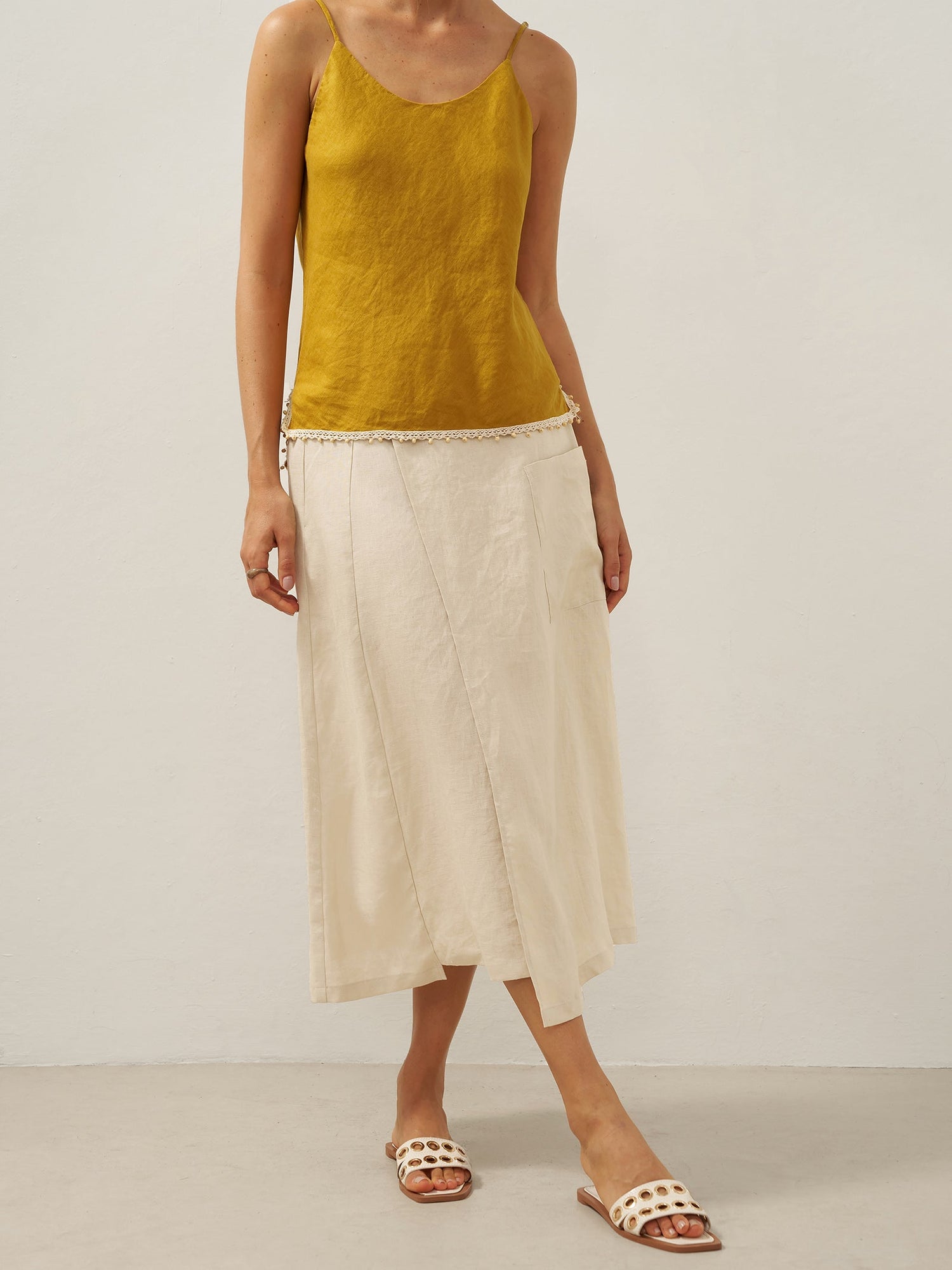100% Linen Elastic Waist Angled Wrap Skirt FRESSA 