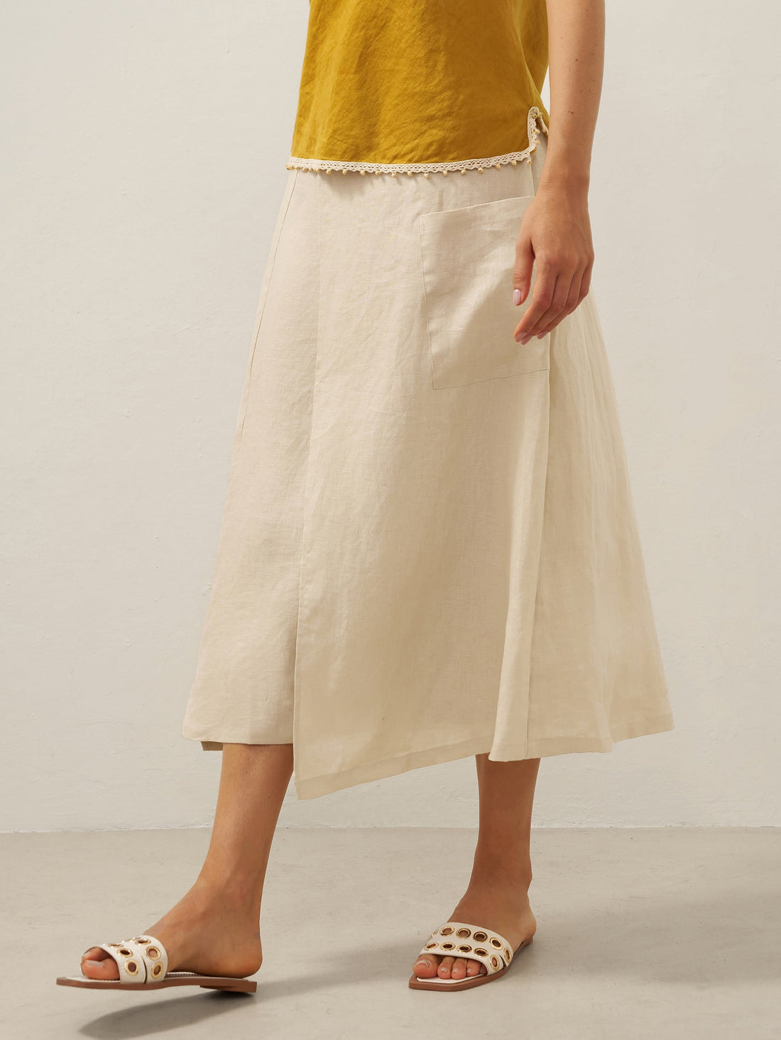 100% Linen Elastic Waist Angled Wrap Skirt FRESSA 