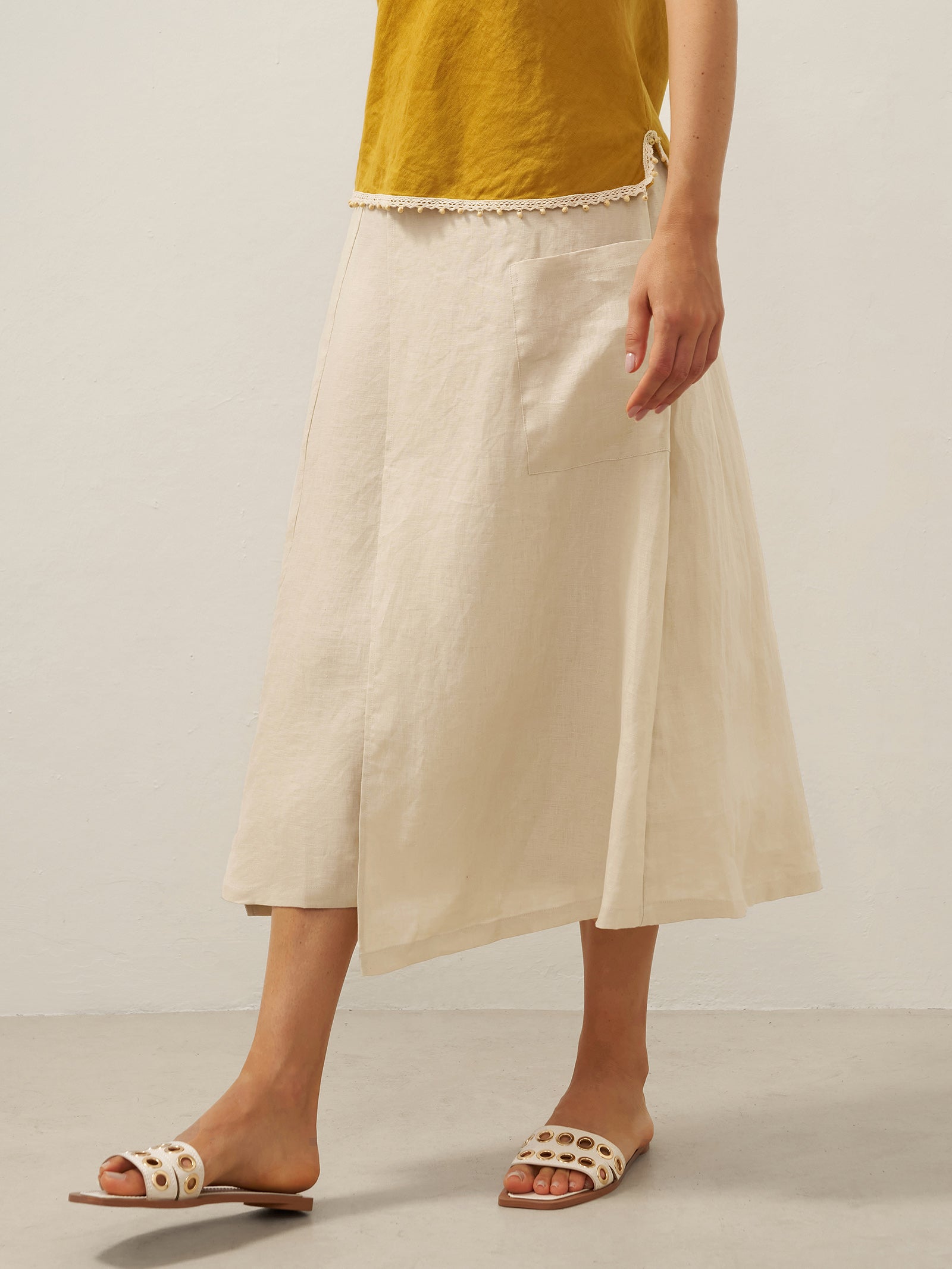 100% Linen Elastic Waist Angled Wrap Skirt FRESSA 