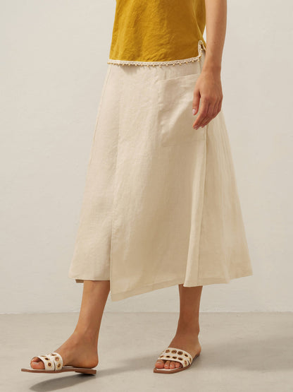 100% Linen Elastic Waist Angled Wrap Skirt FRESSA 