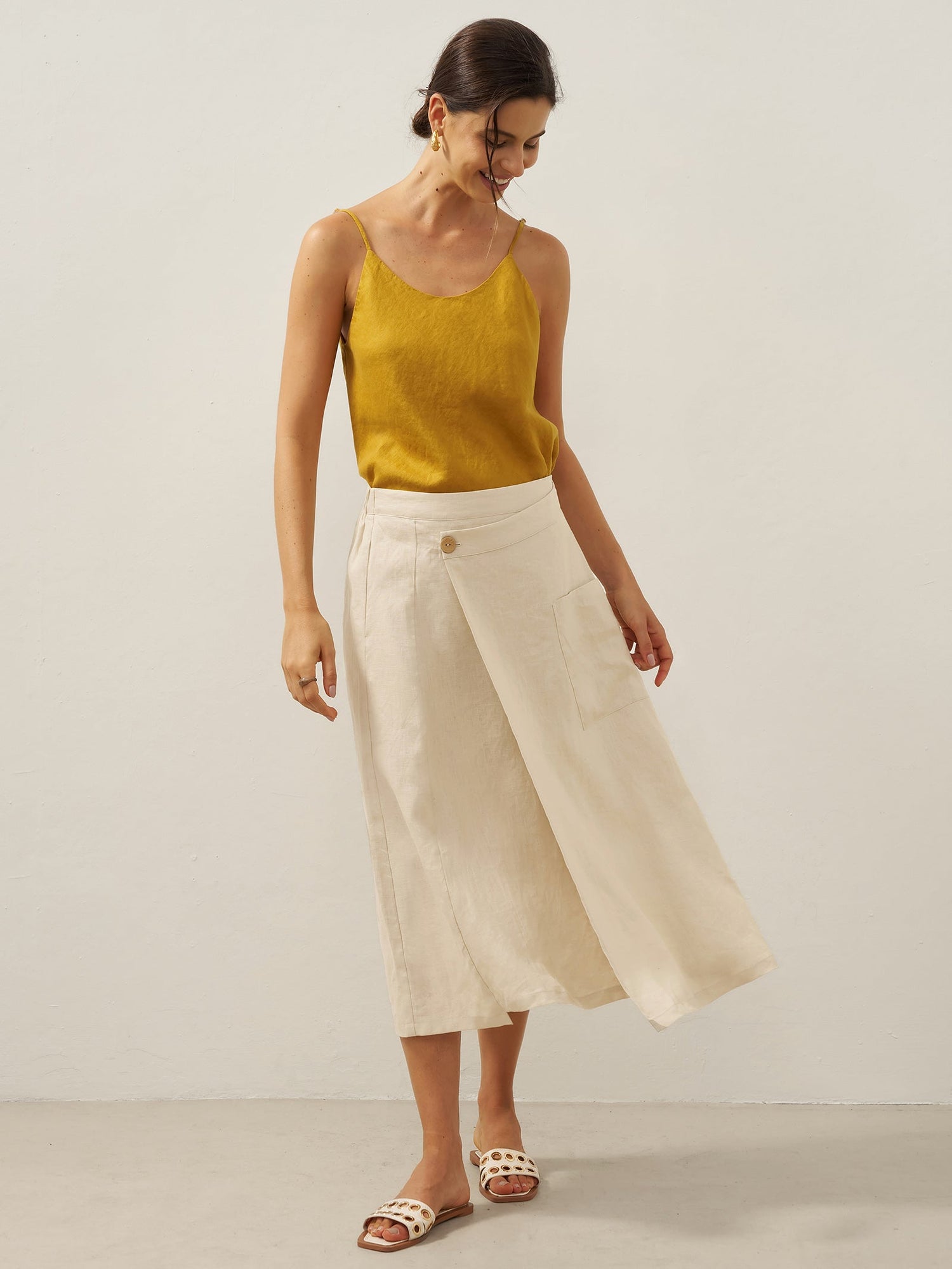 100% Linen Elastic Waist Angled Wrap Skirt FRESSA 