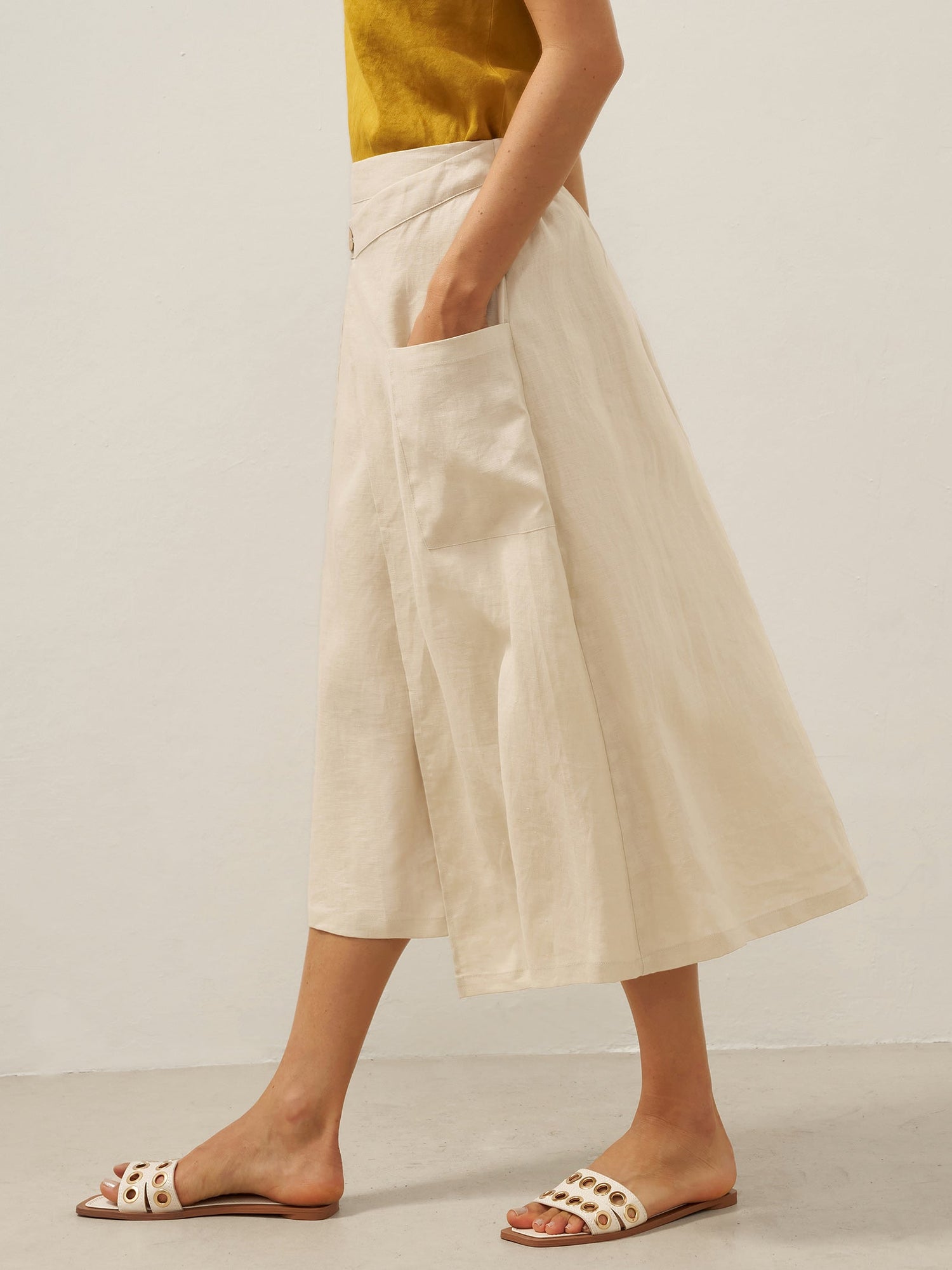 100% Linen Elastic Waist Angled Wrap Skirt FRESSA 