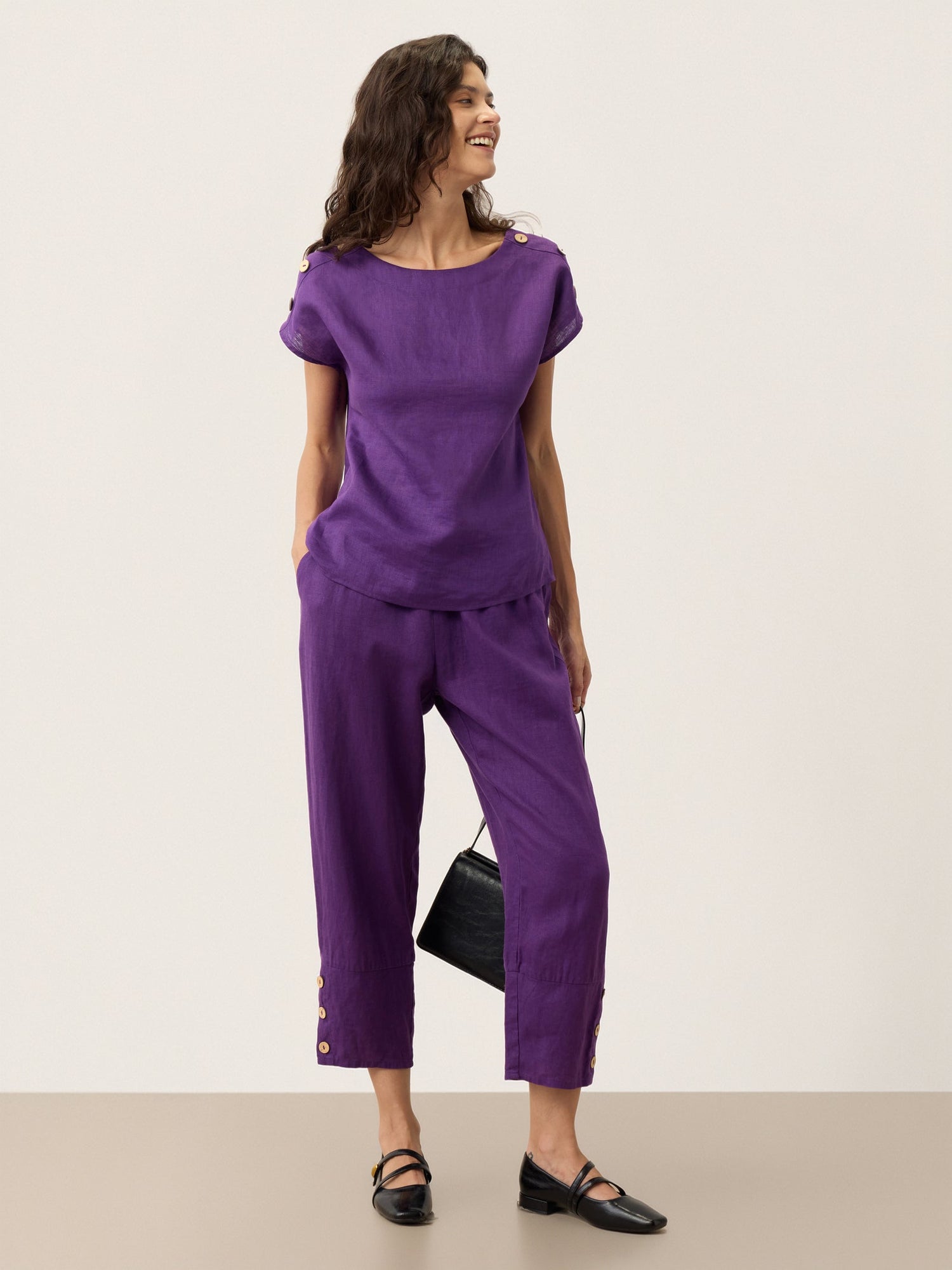 100% Linen Artisan Button Tapered Pants KATHERINE by LINTICO