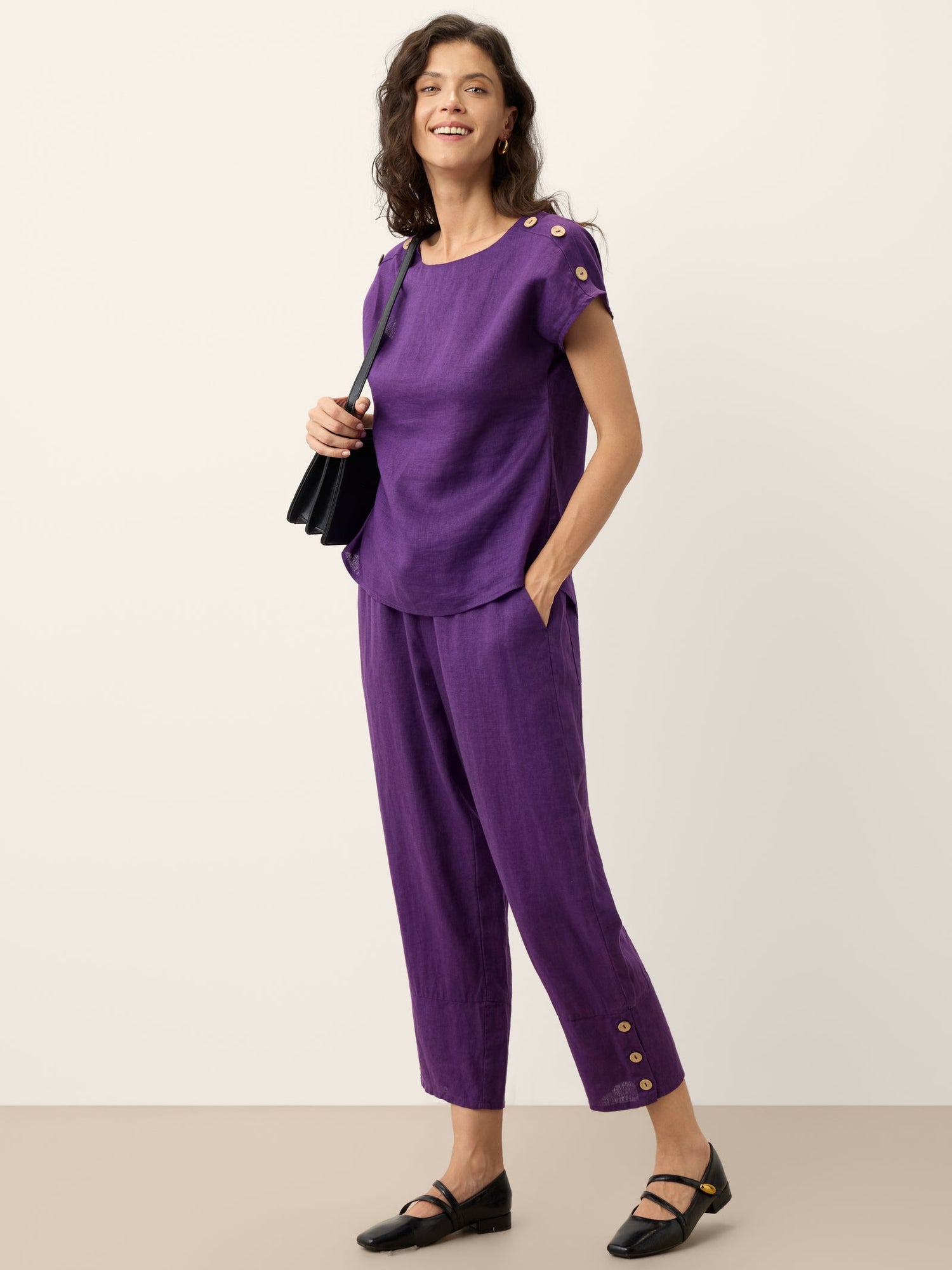 100% Linen Artisan Button Tapered Pants KATHERINE by LINTICO