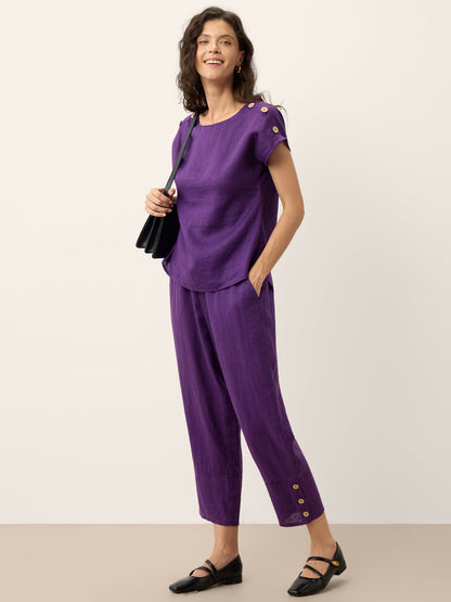 100% Linen Artisan Button Tapered Pants KATHERINE by LINTICO