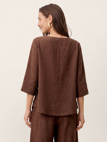 100% Linen Asymmetric-Hem Button-Trim Top NYLA by LINTICO