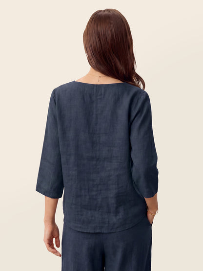 100% Linen Asymmetric-Hem Button-Trim Top NYLA by LINTICO