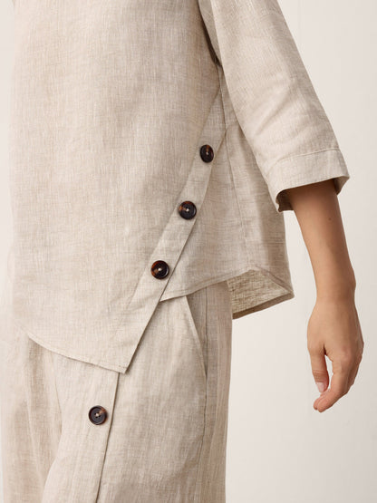 100% Linen Asymmetric-Hem Button-Trim Top NYLA by LINTICO