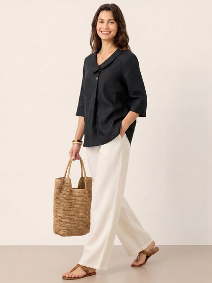 100% Linen Asymmetric Collar Inverted Pleat Top OTTILIE by LINTICO