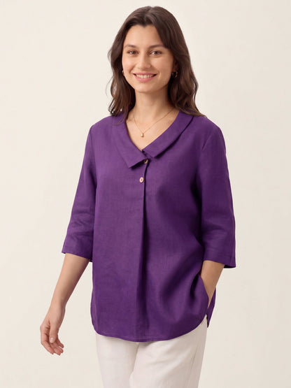 100% Linen Asymmetric Collar Inverted Pleat Top OTTILIE by LINTICO