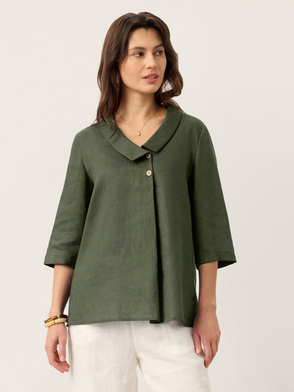 100% Linen Asymmetric Collar Inverted Pleat Top OTTILIE by LINTICO