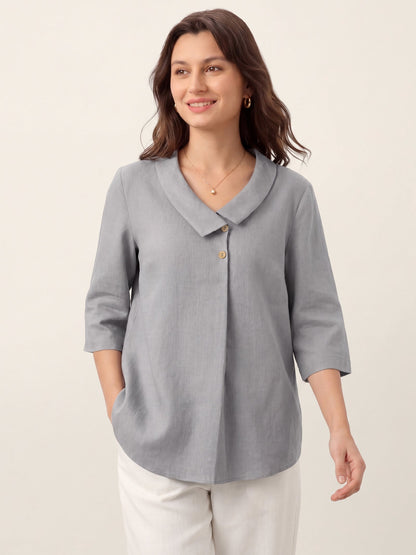 100% Linen Asymmetric Collar Inverted Pleat Top OTTILIE by LINTICO