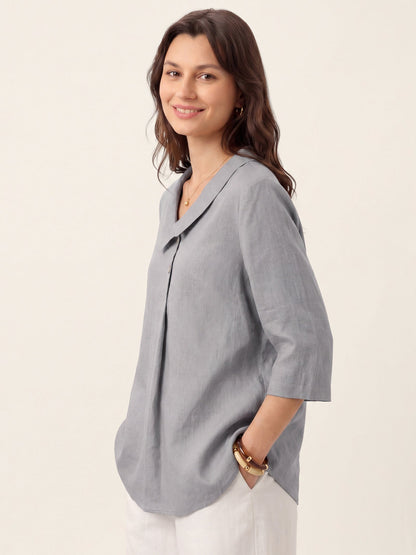 100% Linen Asymmetric Collar Inverted Pleat Top OTTILIE by LINTICO