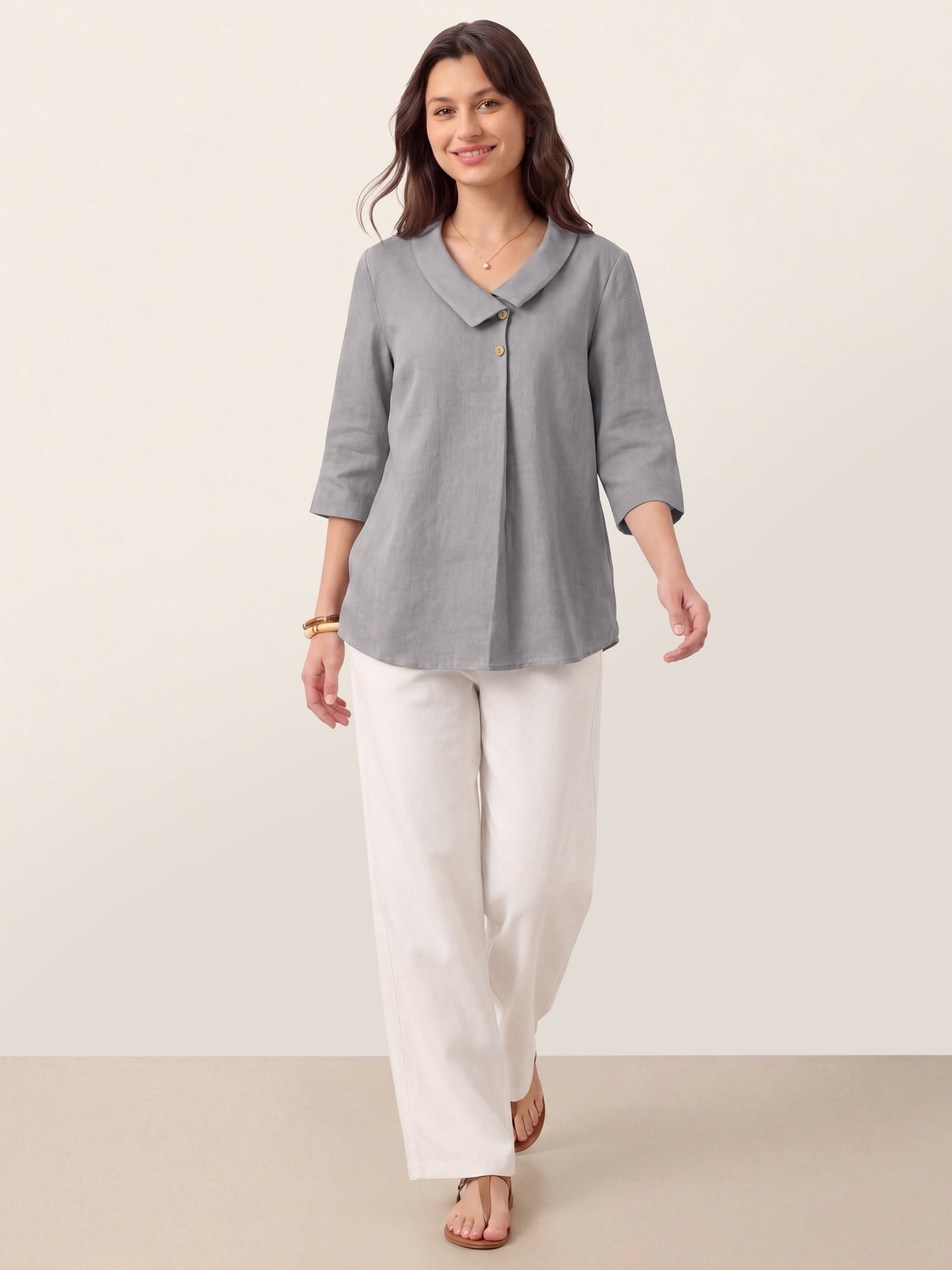100% Linen Asymmetric Collar Inverted Pleat Top OTTILIE by LINTICO