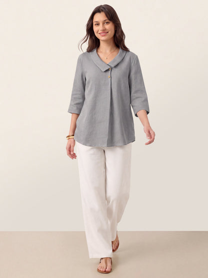 100% Linen Asymmetric Collar Inverted Pleat Top OTTILIE by LINTICO
