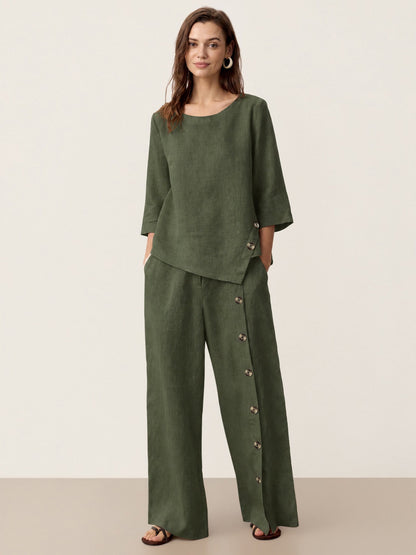 100% Linen Asymmetric-Hem Button-Trim Top NYLA by LINTICO