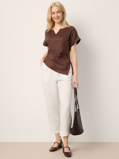 100% Linen Asymmetric Hem Side Gathered Split-Neck Top MINERVA by LINTICO